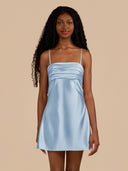Sky Blue Sheath Spaghetti Straps Satin Homecoming Dress | KISSPROM