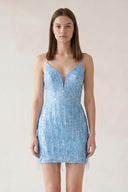 Sky-blue Sheath Spaghetti Straps Sky Blue Mini Homecoming Dresses with Tassel-KISSPROM