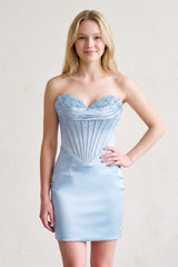 Sky Blue Sheath Sweetheart Corset Mini Party Dress with Appliques | KISSPROM