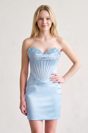 Sky Blue Sheath Sweetheart Corset Mini Party Dress with Appliques | KISSPROM