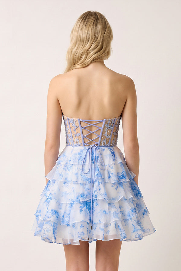 Sky Blue Sky Blue A Line Sweetheart Floral Lace Corset Ruffled Homecoming Dresses (2) | KISSPROM