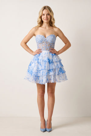 Sky Blue Sky Blue A Line Sweetheart Floral Lace Corset Ruffled Homecoming Dresses (3) | KISSPROM