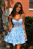 Sky Blue Spaghetti Straps A-Line Corset Short Homecoming Dress With 3D Flowers | KISSPROM