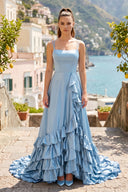 Sky Blue Spaghetti Straps A Line Lace-Up Ruffle Tiered Prom Dress with Slit | KISSPROM