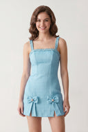 Sky Blue Spaghetti Straps Beaded Sheath Homecoming Dress With Bows | KISSPROM