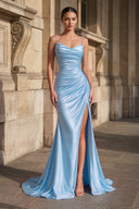 Sky Blue Spaghetti Straps Mermaid Satin Slit Prom Dresses | KISSPROM