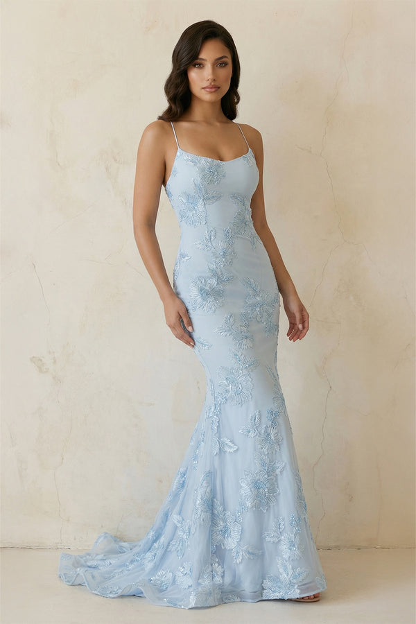 KissProm- Sky Blue Spaghetti Straps Mermaid Tulle Long Prom Dresses With Appliques