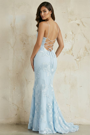 KissProm- Sky Blue Spaghetti Straps Mermaid Tulle Long Prom Dresses With Appliques
