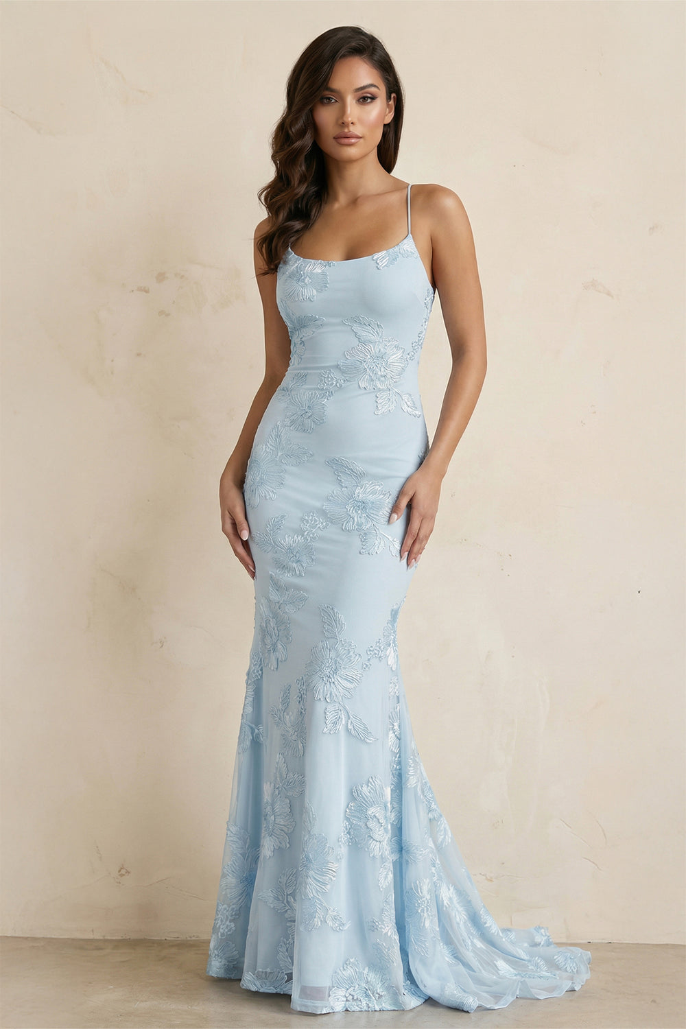 
KissProm- Sky Blue Spaghetti Straps Mermaid Tulle Long Prom Dresses With Appliques