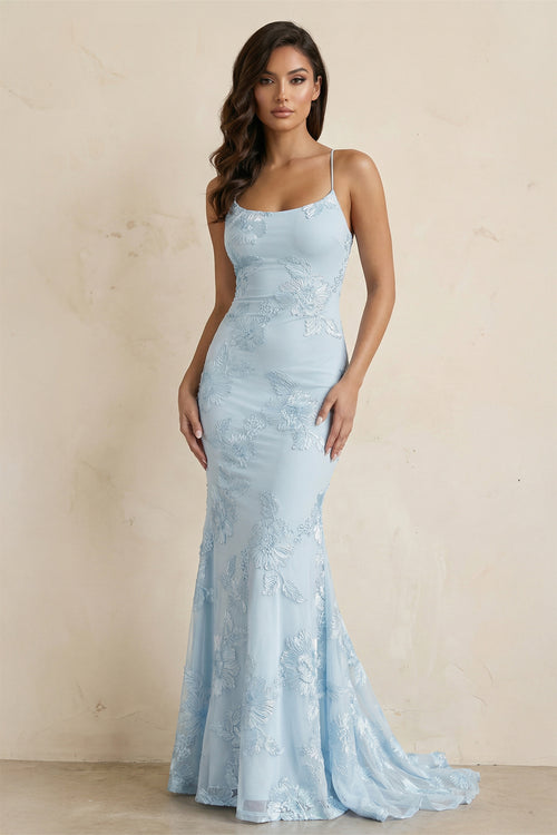 
KissProm- Sky Blue Spaghetti Straps Mermaid Tulle Long Prom Dresses With Appliques