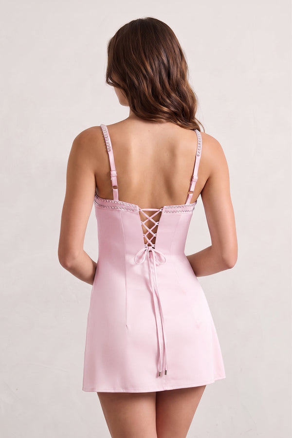 Pink Spaghetti Straps Satin Sheath Homecoming Dress With Rhinestones - KISSPROM