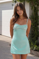 Aqua Spaghetti Straps Satin Sheath Homecoming Dress With Rhinestones | KISSPROM
