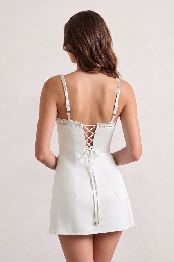 Ivory Spaghetti Straps Satin Sheath Homecoming Dress With Rhinestones - KISSPROM