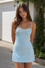 Sky Blue Spaghetti Straps Satin Sheath Homecoming Dress With Rhinestones- KissProm