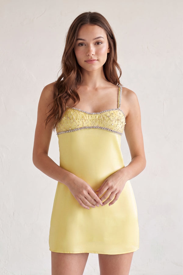 Yellow Spaghetti Straps Satin Sheath Homecoming Dress With Rhinestones - KISSPROM