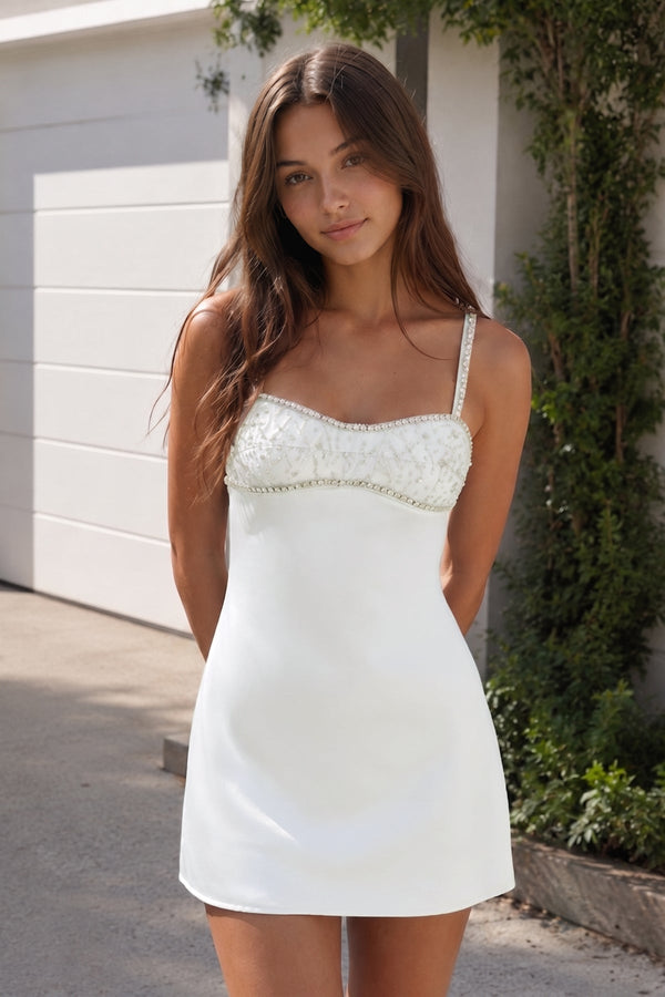Ivory Spaghetti Straps Satin Sheath Homecoming Dress With Rhinestones - KISSPROM
