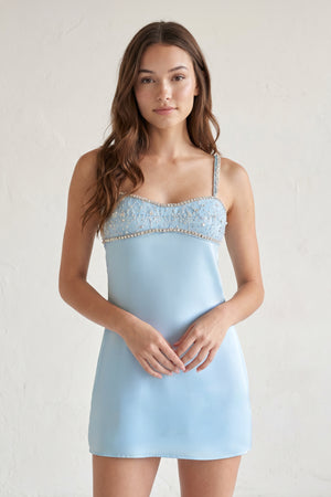 Sky Blue Spaghetti Straps Satin Sheath Homecoming Dress With Rhinestones- KissProm