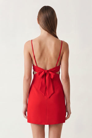 Red Spaghetti Straps Sheath Linen Homecoming Dress With Back Bow | KISSPROM