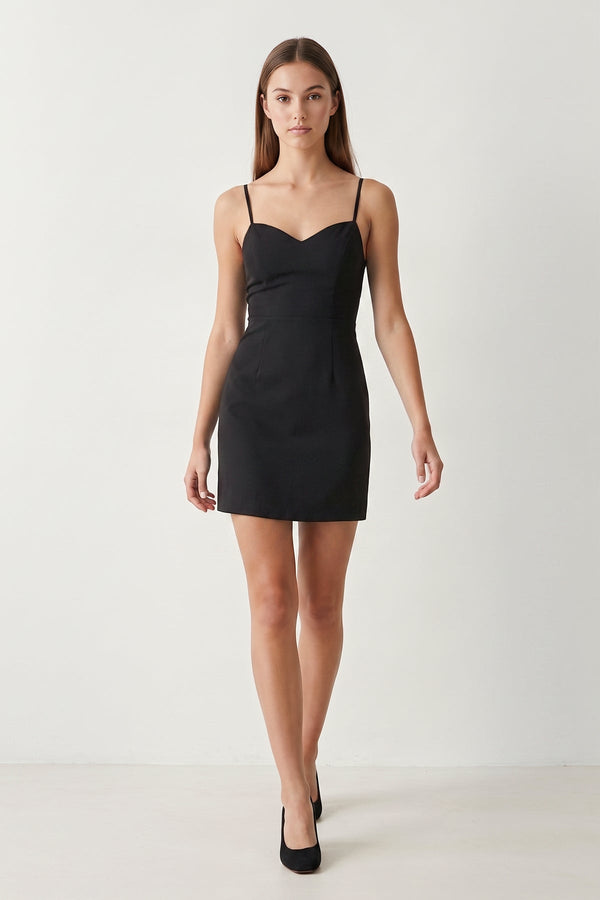 Black Spaghetti Straps Sheath Linen Homecoming Dress With Back Bow | KISSPROM