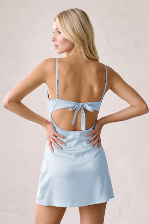Sky Blue Spaghetti Straps Sheath Rhinestones Satin Homecoming Dress with Tie Back (4) | KISSPROM