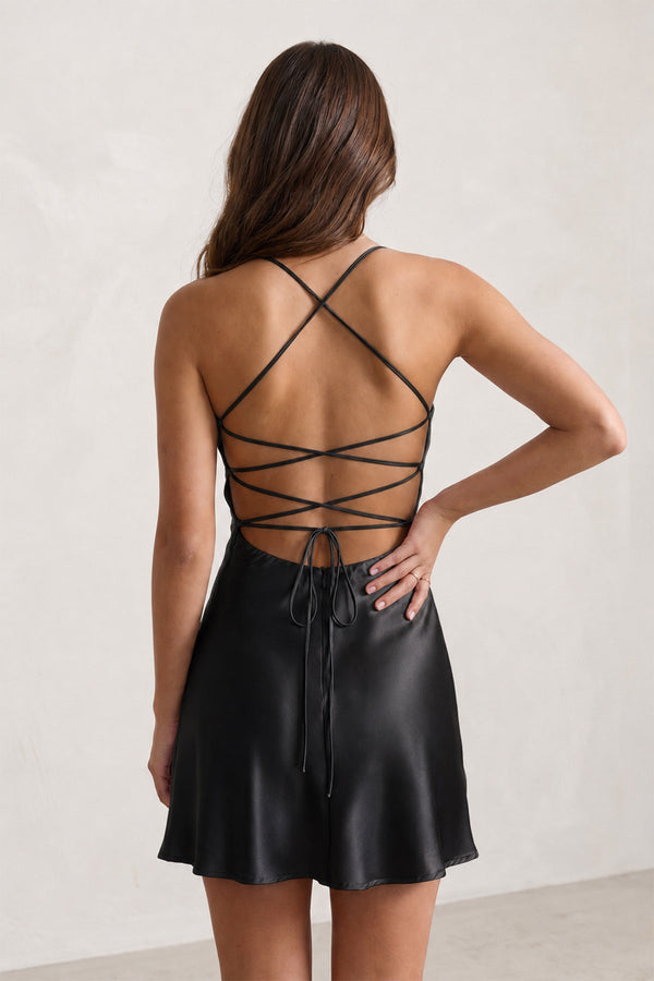 Black Spaghetti Straps Sheath Satin Homecoming Dress With Sequins (4) | KISSPROM