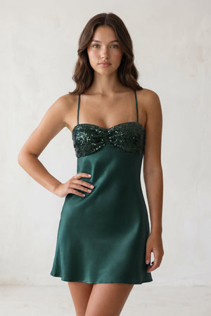 Dark Green Spaghetti Straps Sheath Satin Homecoming Dress With Sequins | KISSPROM
