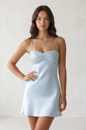 Sky Blue Spaghetti Straps Sheath Satin Homecoming Dress With Sequins