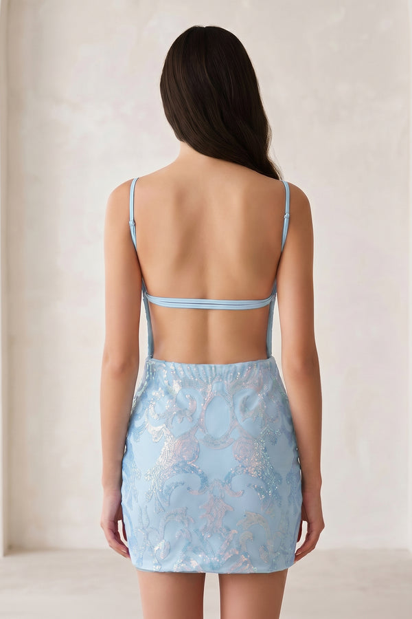 Sky Blue Sparkly Sequin Backless Bodycon Mini Party Dresses | KISSPROM