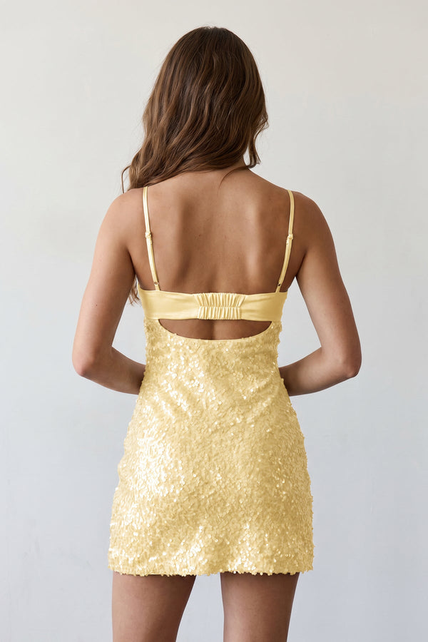 Yellow Sparkly Spaghetti Straps Sheath Satin Homecoming Dress With Sequins (4) | KISSPROM