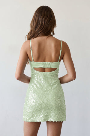 Sage Green Sparkly Spaghetti Straps Sheath Satin Homecoming Dress With Sequins | KISSPROM