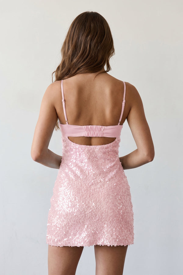 Pink Sparkly Spaghetti Straps Sheath Satin Homecoming Dress With Sequins | KISSPROM