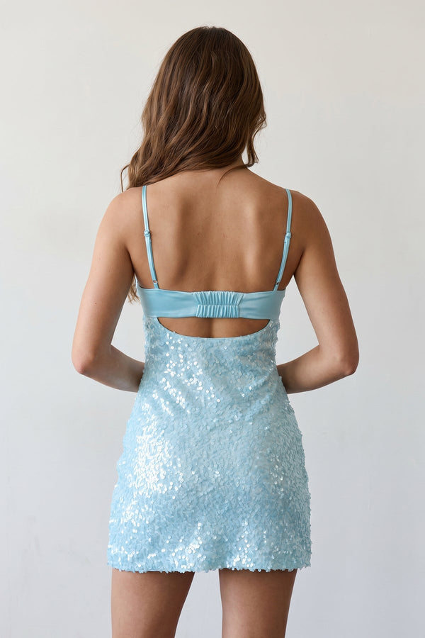 Sky Blue Sparkly Spaghetti Straps Sheath Satin Homecoming Dress With Sequins - KissProm