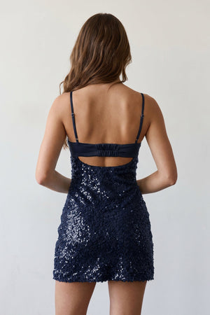 Navy Blue Sparkly Spaghetti Straps Sheath Satin Homecoming Dress With Sequins | KISSPROM