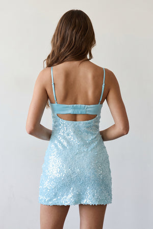 Sky Blue Sparkly Spaghetti Straps Sheath Satin Homecoming Dress With Sequins
