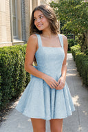 Sky Blue Sparkly Square Neck A-Line Sequin Ruched Homecoming Dress with Bow | KISSPROM