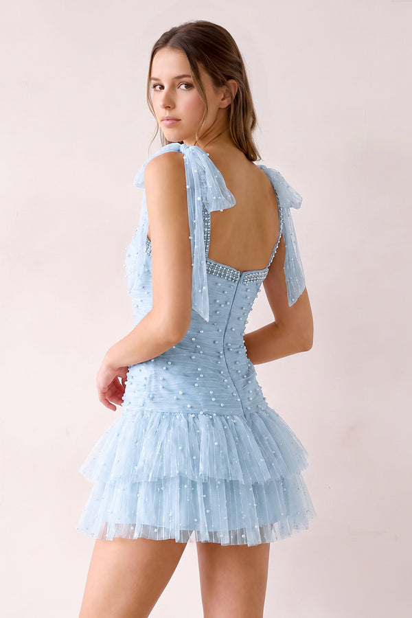 Sky Blue Square Neck A-Line Ruffled Tulle Homecoming Dress with Pearl (2) | KISSPROM