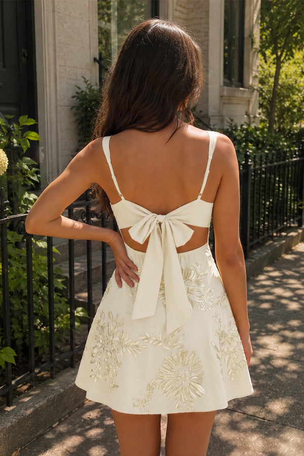 Champagne Square Neck Embroidered Flower Lace A-Line Homecoming Dress (2) | KISSPROM