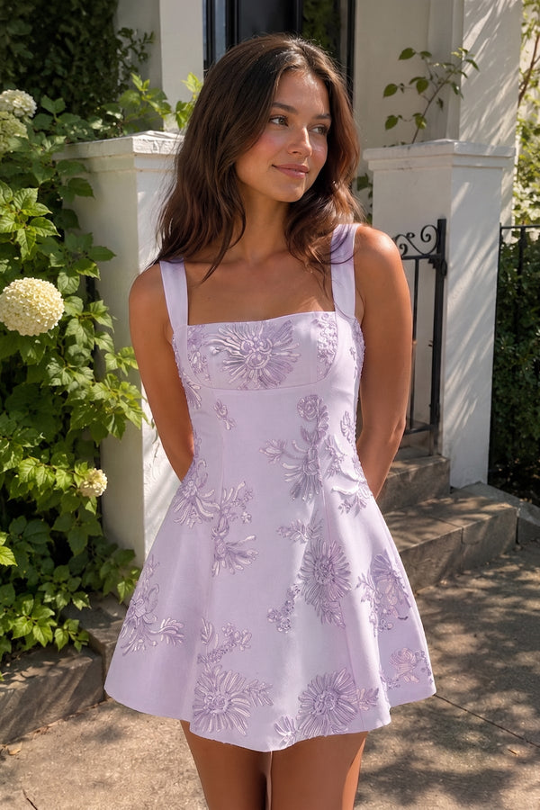 Lavender Square Neck Embroidered Flower Lace A-Line Homecoming Dress | KISSPROM