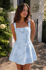 Sky Blue Square Neck Embroidered Flower Tulle A-Line Homecoming Dress | KISSPROM
