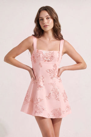 Pink Square Neck Embroidered Flower Lace A-Line Homecoming Dress | KISSPROM