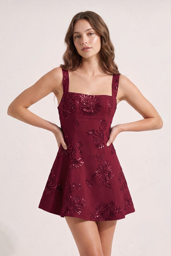 Burgundy Square Neck Embroidered Flower Tulle A-Line Homecoming Dress | KISSPROM