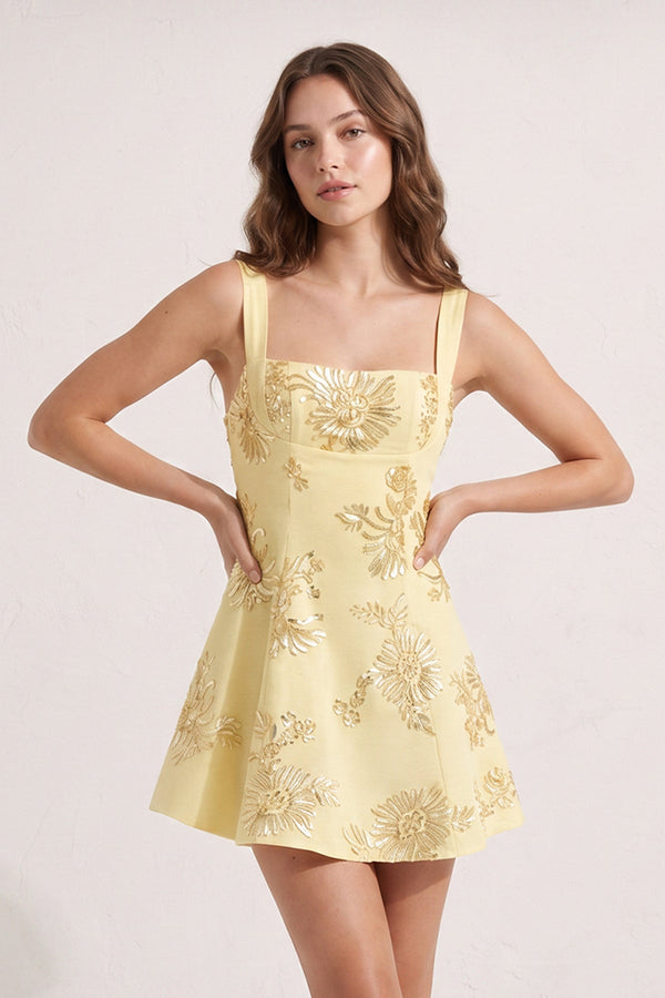 Yellow Square Neck Embroidered Flower Tulle A-Line Homecoming Dress | KISSPROM