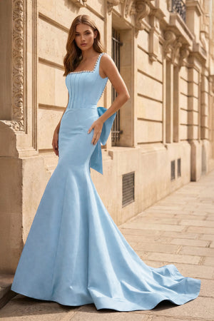 KissProm-Sky Blue Square Neck Mermaid Satin Long Prom Dresses With Pearls