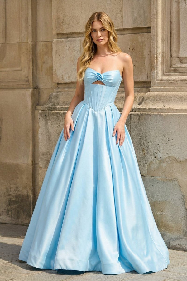 Sky Blue Strapless A Line Pleated Satin Long Prom Dresses With Flower - KissProm