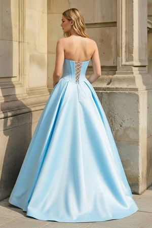 Sky Blue Strapless A Line Pleated Satin Long Prom Dresses With Flower - KissProm