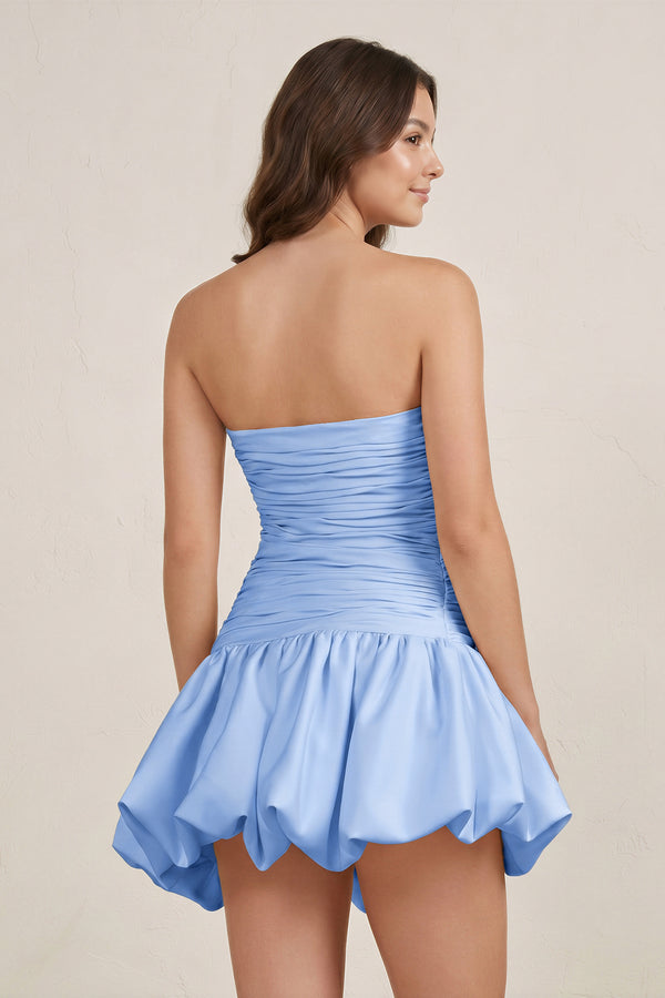 Sky Blue Strapless A-Line Satin Balloon Draped Homecoming Dress (2) | KISSPROM