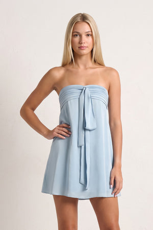 Sky Blue Strapless A-Line Satin Homecoming Dress with Ribbon | KISSPROM