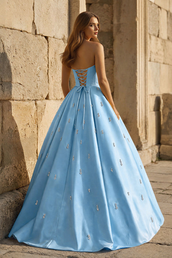 KissProm-Sky Blue Strapless A Line Satin Long Prom Dresses With Beading