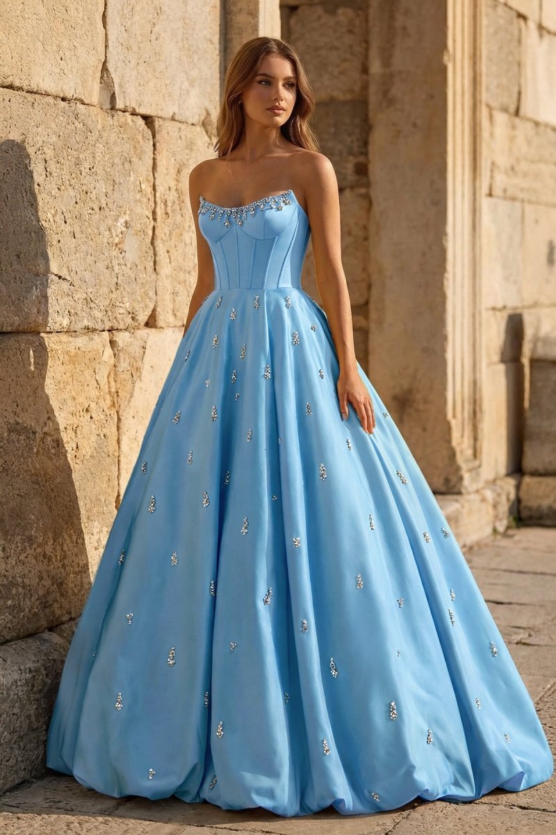 Sky Blue Strapless A Line Satin Long Prom Dresses With Beading – Prom Dress by KissProm | Available at KissProm