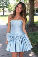 Aqua Strapless A-Line Satin Ruched Bow Homecoming Dress With Pearl